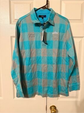 Callaway Teal and Gray Check Long-Sleeve Polo